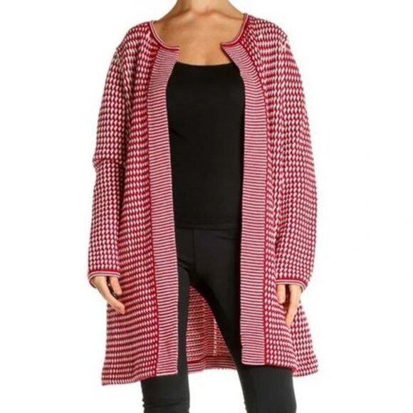 Talbots 100% Merino Wool Red & White Open Front Long Cardigan Sweater Sz MP - Picture 1 of 4